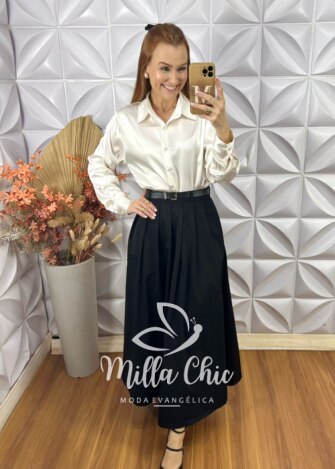Saia Fátima Em Pregas - Preta - Milla Chic
