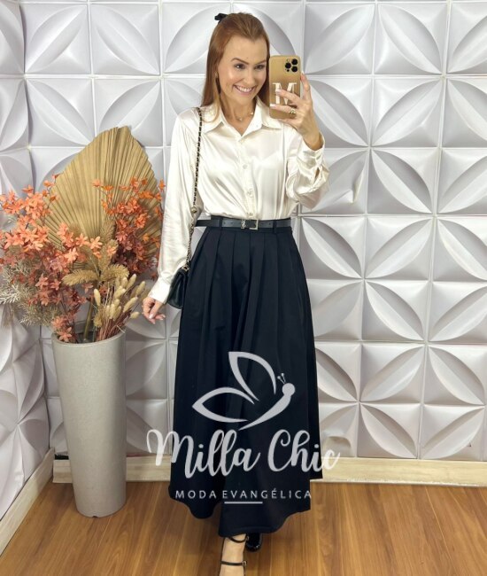 Saia Fátima Em Pregas - Preta - Milla Chic