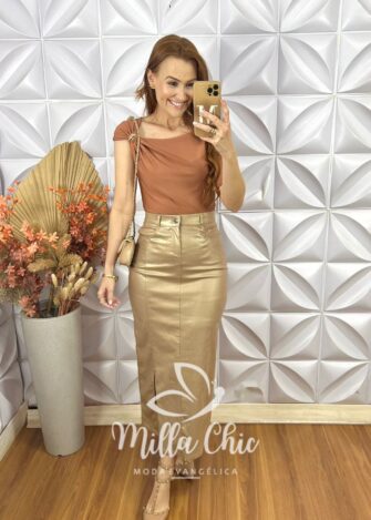 Saia Iris Em Sarja Resinada- Dourado - Milla Chic