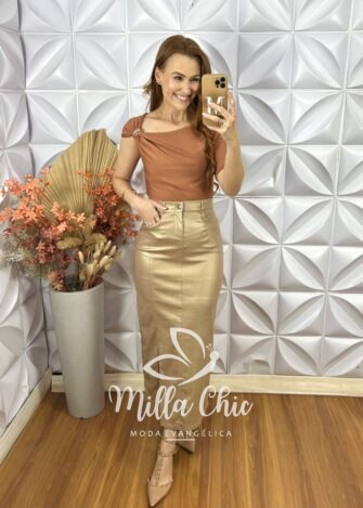 Saia Iris Em Sarja Resinada- Dourado - Milla Chic