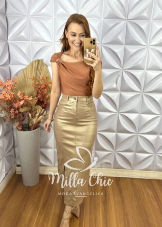 Milla Chic - millachic com br saia iris em sarja resinada dourado 4 Saia Iris Em Sarja Resinada- Dourado - Milla Chic