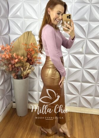 Milla Chic - millachic com br saia iris em sarja resinada marrom 2 Saia Iris Em Sarja Resinada- Marrom - Milla Chic