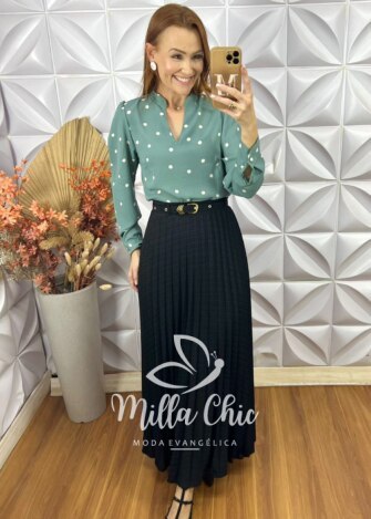 Saia Longa Solange Plissada - Preto - Milla Chic