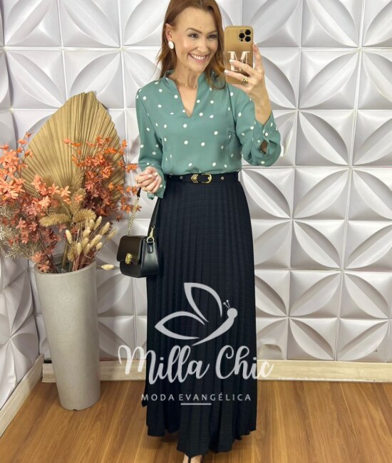 Saia Longa Solange Plissada - Preto - Milla Chic