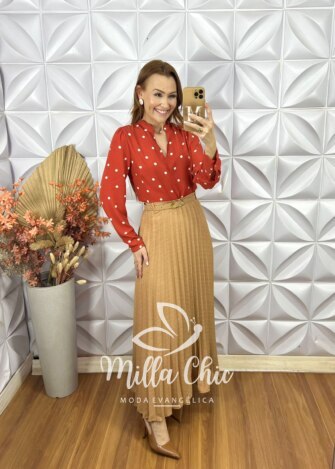 Saia Longa Solange Plissada - Bege - Milla Chic