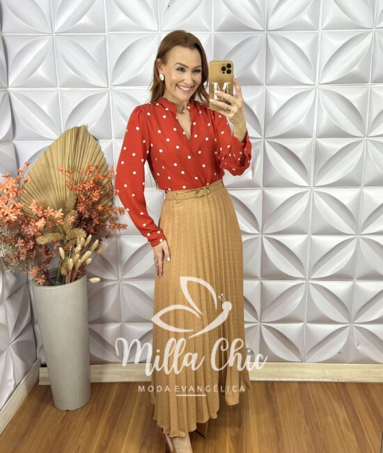 Saia Longa Solange Plissada - Bege - Milla Chic