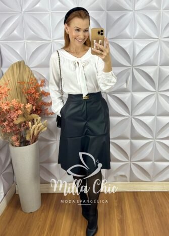 Saia Mada Em Couro P.U - Bege - Milla Chic