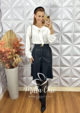 Saia Mada Em Couro P.U - Bege - Milla Chic