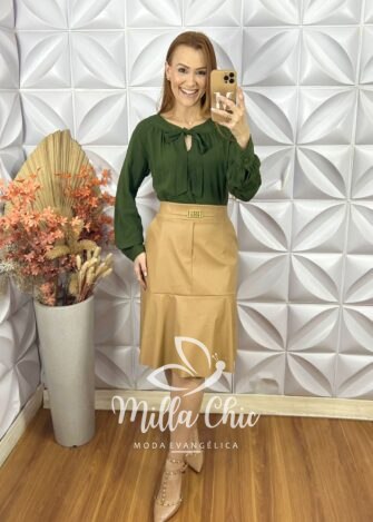 Saia Mada Em Couro P.U - Bege - Milla Chic