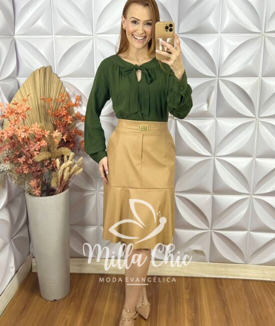Saia Mada Em Couro P.U - Bege - Milla Chic