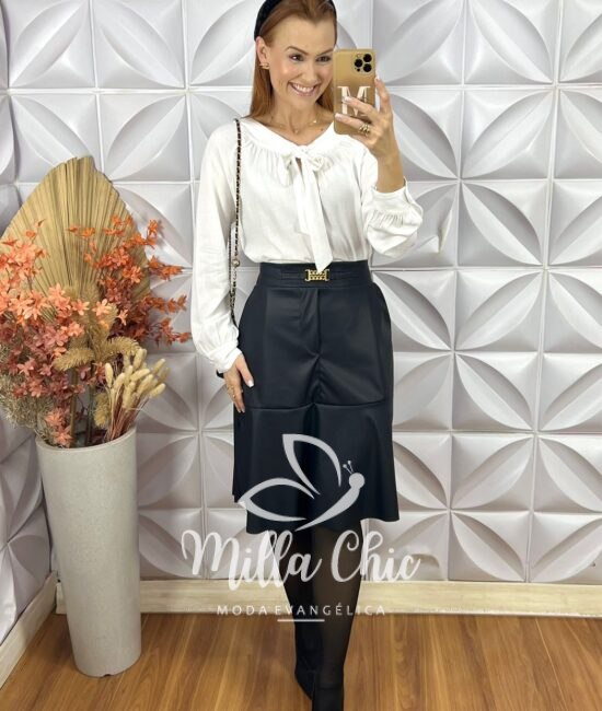 Saia Mada Em Couro P.U - Bege - Milla Chic