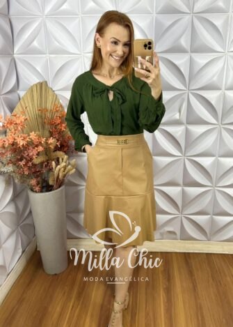 Saia Mada Em Couro P.U - Bege - Milla Chic