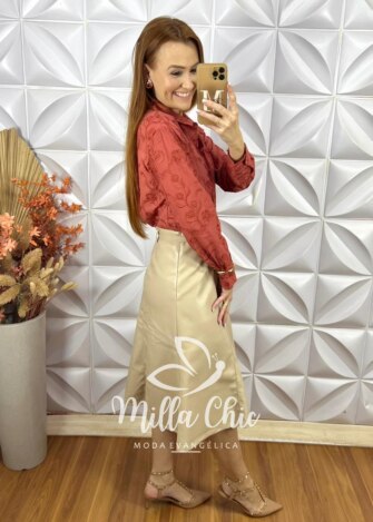 Saia Tamires Em P.U - Bege - Milla Chic