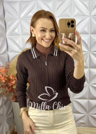 Sueter Zenaide 3 em 1 Em Tricot Modal - Marrom - Milla Chic