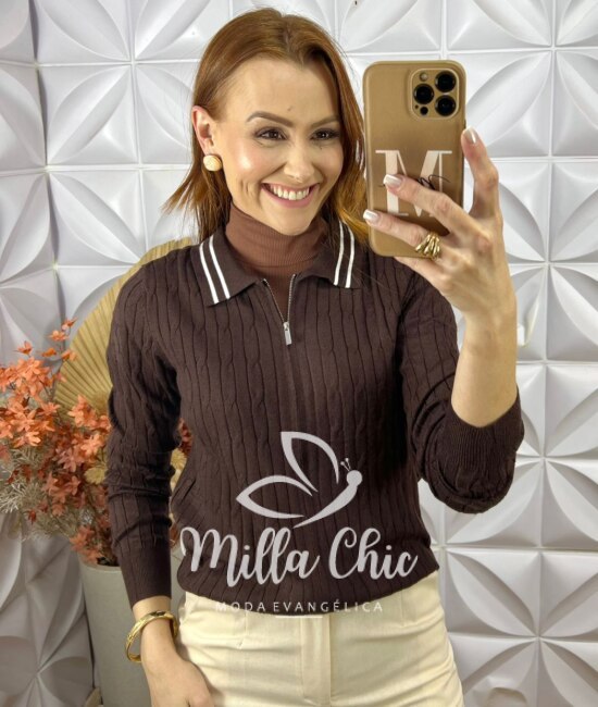 Sueter Zenaide 3 em 1 Em Tricot Modal - Marrom - Milla Chic