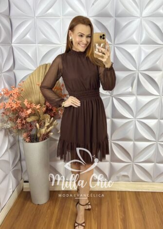 Vestido Agatha Em Tule -  Marrom - Milla Chic