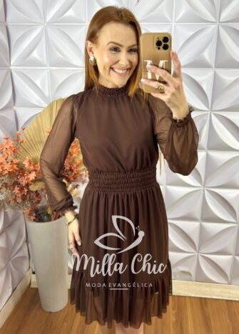 Vestido Agatha Em Tule -  Marrom - Milla Chic