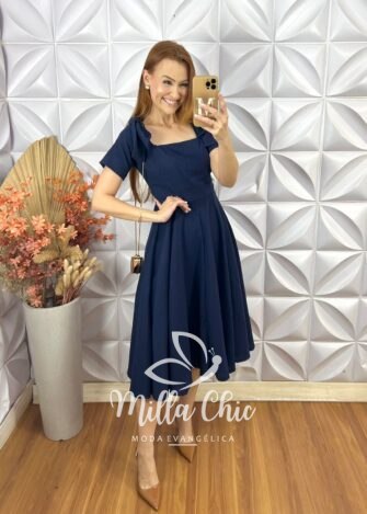 Vestido Alice Em Linho Com Laço - Azul - Milla Chic