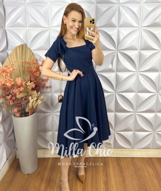 Vestido Alice Em Linho Com Laço - Azul - Milla Chic