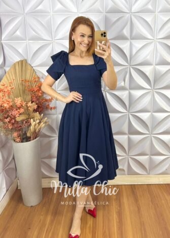 Vestido Alice Em Linho Com Laço - Azul - Milla Chic