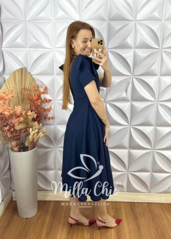 Vestido Alice Em Linho Com Laço - Azul - Milla Chic