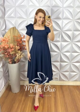 Vestido Alice Em Linho Com Laço - Azul - Milla Chic
