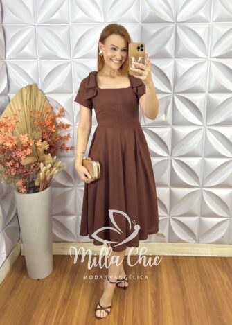 Vestido Alice Em Linho Com Laço - Marrom - Milla Chic