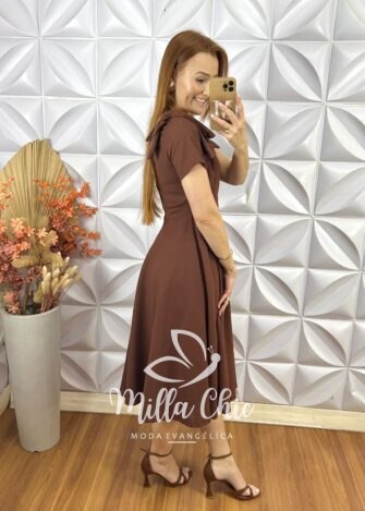 Vestido Alice Em Linho Com Laço - Marrom - Milla Chic