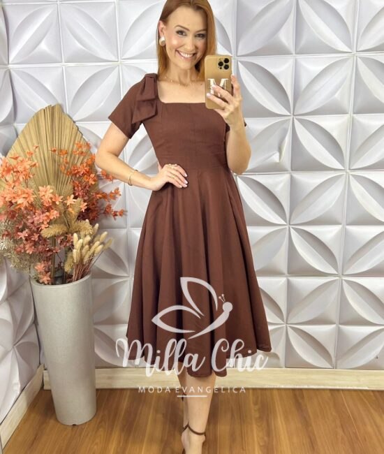Vestido Alice Em Linho Com Laço - Marrom - Milla Chic