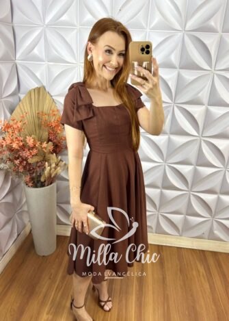 Vestido Alice Em Linho Com Laço - Marrom - Milla Chic