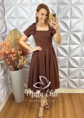Vestido Alice Em Linho Com Laço - Marrom - Milla Chic