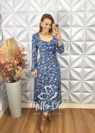 Vestido Frida Manga Longa Em Viscolinho Azul - Milla Chic