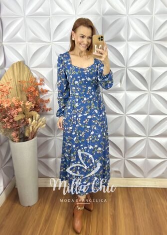 Vestido Frida Manga Longa Em Viscolinho Azul - Milla Chic