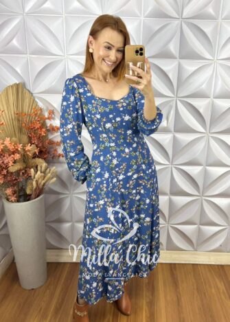 Vestido Frida Manga Longa Em Viscolinho Azul - Milla Chic