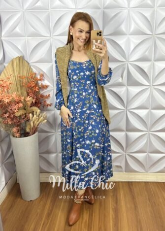 Vestido Frida Manga Longa Em Viscolinho Azul - Milla Chic