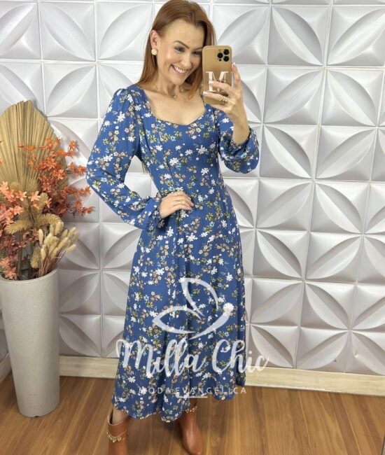 Vestido Frida Manga Longa Em Viscolinho Azul - Milla Chic