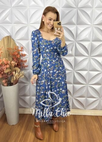 Vestido Frida Manga Longa Em Viscolinho Azul - Milla Chic