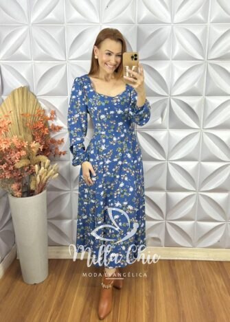 Vestido Frida Manga Longa Em Viscolinho Azul - Milla Chic