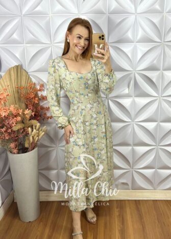 Vestido Frida Manga Longa Em Viscolinho - Verde - Milla Chic