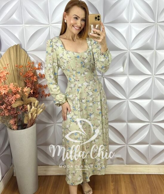 Vestido Frida Manga Longa Em Viscolinho - Verde - Milla Chic