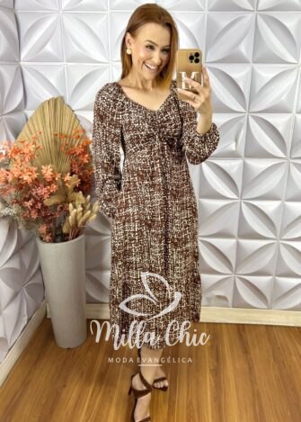 Vestido Juliana Manga Longa - Marrom - Milla Chic