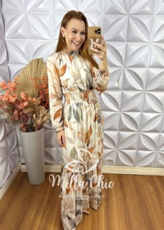 Vestido Longo Celina em Tule -Areia - Milla Chic