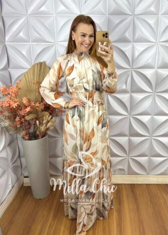 Vestido Longo Celina em Tule -Areia - Milla Chic