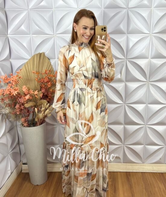 Vestido Longo Celina em Tule -Areia - Milla Chic