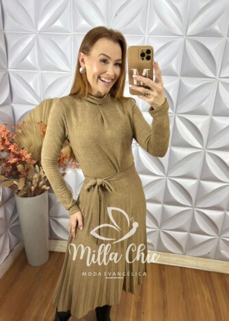 Vestido Luana Em Malha Tricot - Bege - Milla Chic