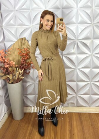 Vestido Luana Em Malha Tricot - Bege - Milla Chic