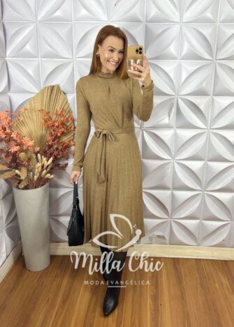 Vestido Luana Em Malha Tricot - Bege - Milla Chic