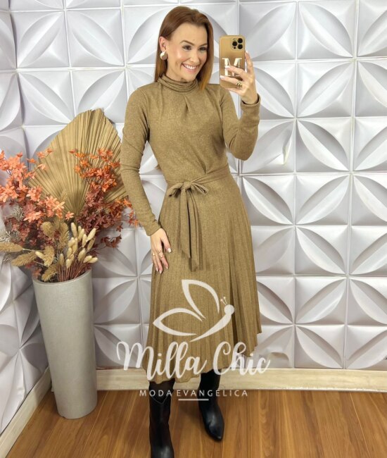 Vestido Luana Em Malha Tricot - Bege - Milla Chic