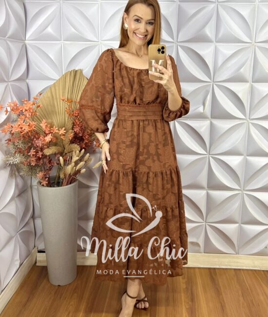 Vestido Tunísia Em Chiffon Devorê - Marrom - Milla Chic