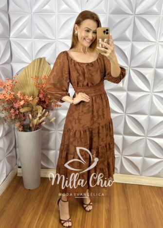 Vestido Tunísia Em Chiffon Devorê - Marrom - Milla Chic